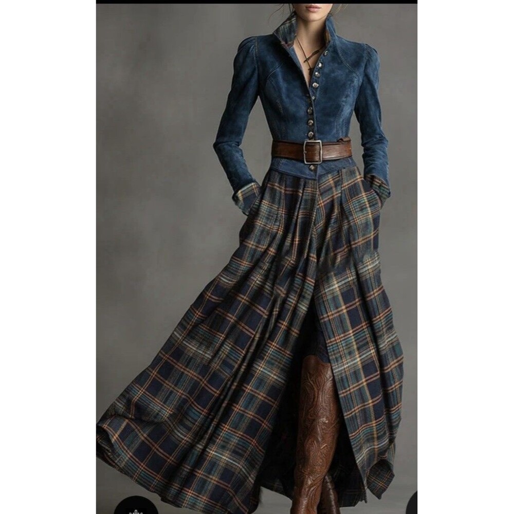 Womens Plaid Maxi Dress XS Faux Suede Pockets Western Prairie Retail $170 Oyrosy